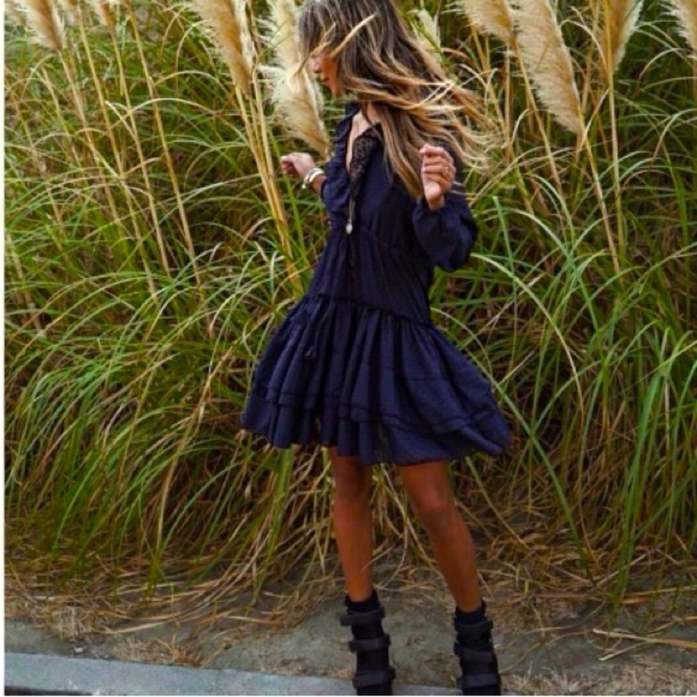 Sincerely Jules Feminine navy blue Deep ruffled V-Neck flirty fun Madeline dress